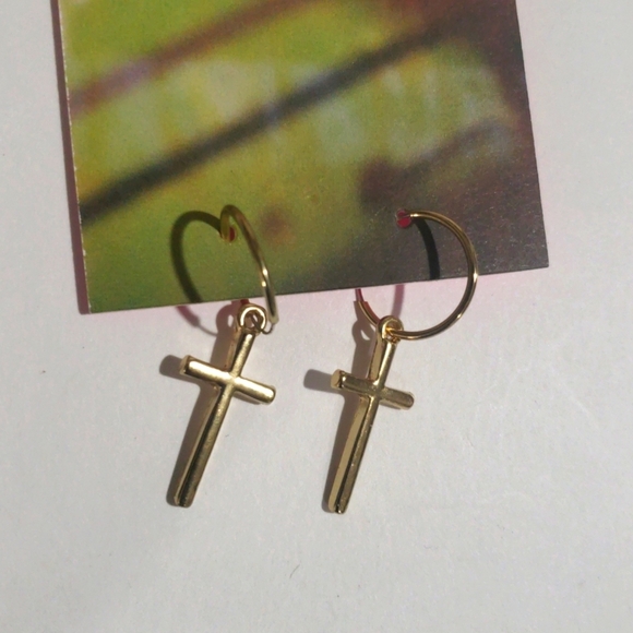 Urban Outfitters Gold tone Hoop Cross Drop Earrings - Women's Fashion Jewelry - Picture 4 of 6